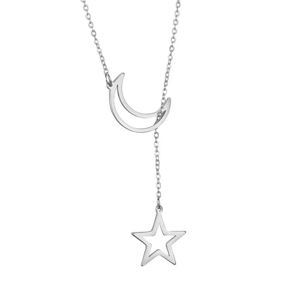Silver Crescent Moon Star Drop Necklace Stainless Steel Celestial Lariat Y Chain